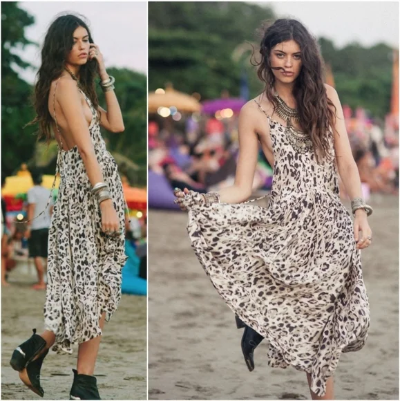 New Spell Designs Wild Ones strappy dress dust M gypsy leopard kerchief midi - Picture 5 of 17